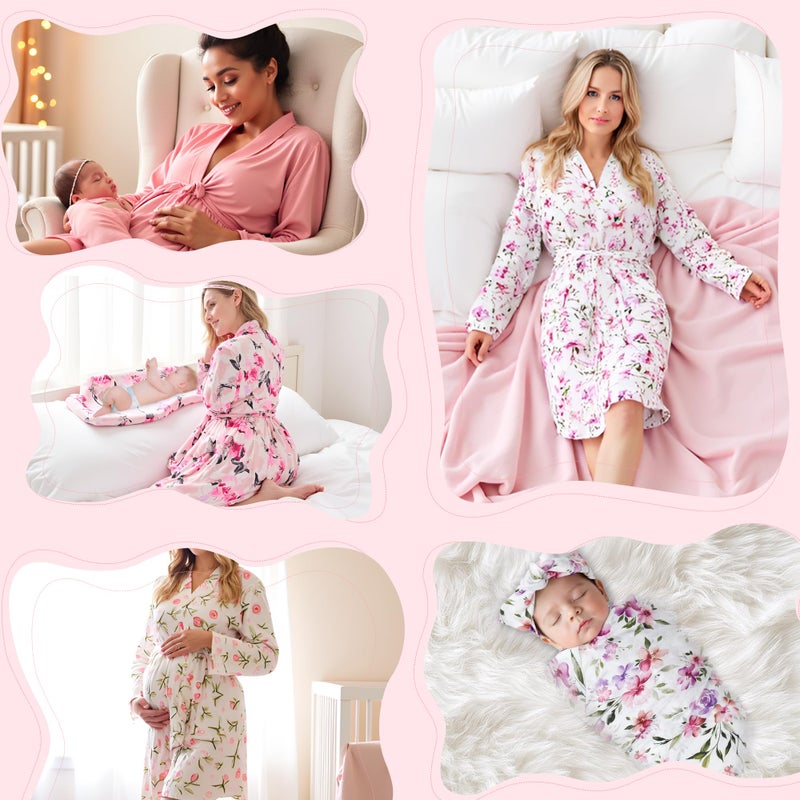 V.&GRIN Mommy and Me Robe and Swaddle Set, Maternity Robe and Matching Baby Blanket | Hospital Outfits Labor Delivery(Pink FlowerL/XL) - Image 5