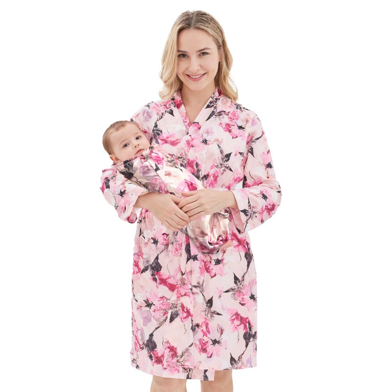 V.&GRIN Mommy and Me Robe and Swaddle Set, Maternity Robe and Matching Baby Blanket | Hospital Outfits Labor Delivery(Pink FlowerL/XL) - Image 1