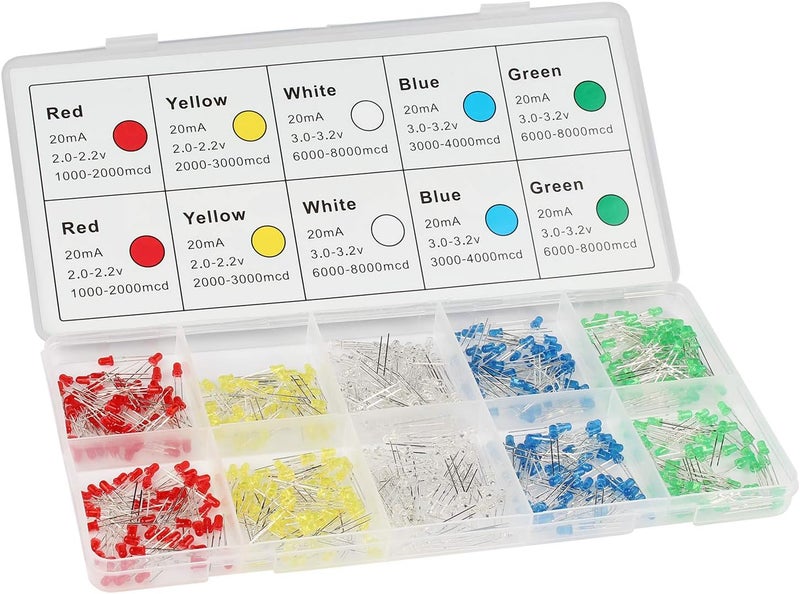 DiCUNO 500Pcs (5 Colors x 100P) 3MM Light Emitting Diode, White/Red/Yellow/Green/Blue Bright Diffused LED Diodes Assorted Kit for Electronic Project, Science Experiments - Image 1