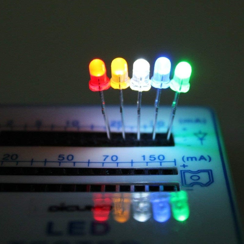 DiCUNO 500Pcs (5 Colors x 100P) 3MM Light Emitting Diode, White/Red/Yellow/Green/Blue Bright Diffused LED Diodes Assorted Kit for Electronic Project, Science Experiments - Image 5