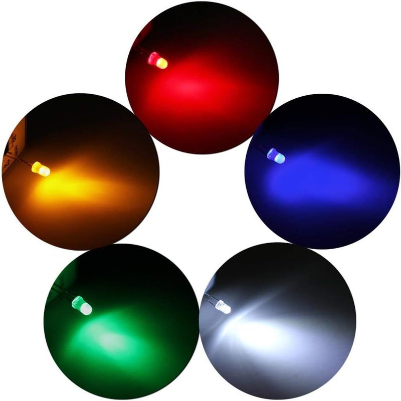 DiCUNO 500Pcs (5 Colors x 100P) 3MM Light Emitting Diode, White/Red/Yellow/Green/Blue Bright Diffused LED Diodes Assorted Kit for Electronic Project, Science Experiments - Image 4