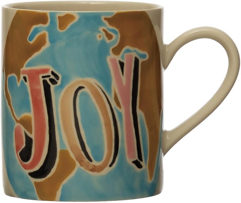 Creative CoOp HandPainted Stoneware Mug with Wax Relief Word Joy Multicolor