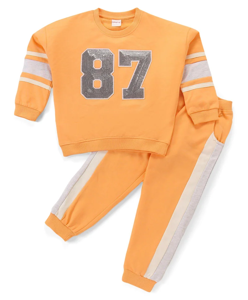 babyhug Babyhug Terry Cotton Knit Full Sleeves Top & Lounge Pants Set With Numbered Sequins - Orange & White