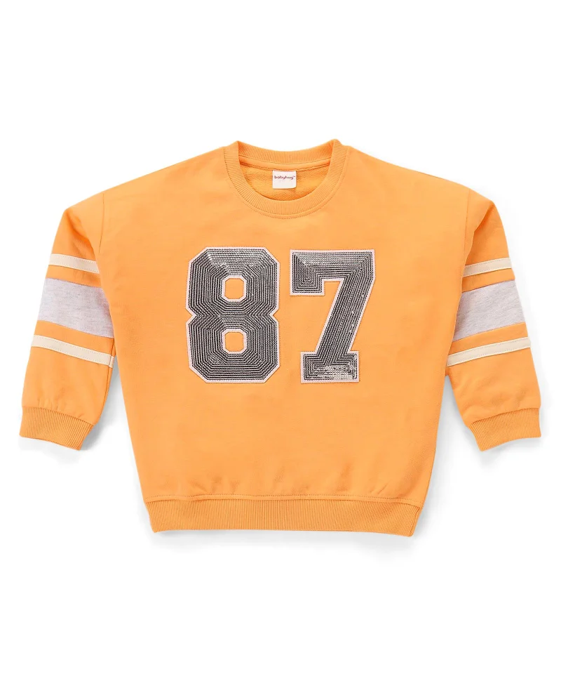 babyhug Babyhug Terry Cotton Knit Full Sleeves Top & Lounge Pants Set With Numbered Sequins - Orange & White