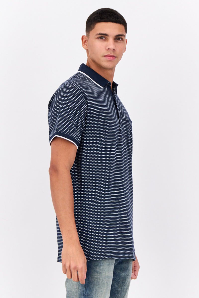 Peter Werth Men Regular Fit Short Sleeves Allover Print Polo Shirt, Navy/White - Image 2