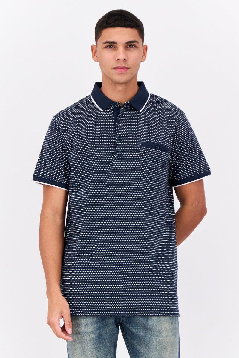 Peter Werth Men Regular Fit Short Sleeves Allover Print Polo Shirt, Navy/White - Image 1