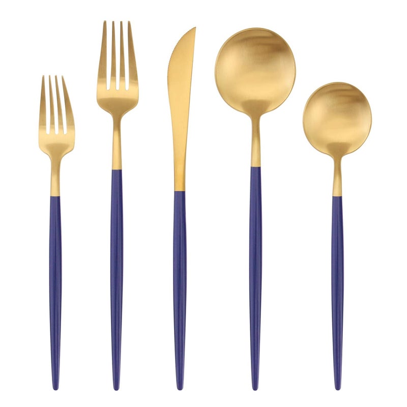 Matte Gold Silverware Set with blue handle Bysta 5Piece Stainless Steel Flatware Set Kitchen Utensil Set Service for 1 Tableware Cutlery Set for Home and Restaurant Satin Finish Dishwasher Safe