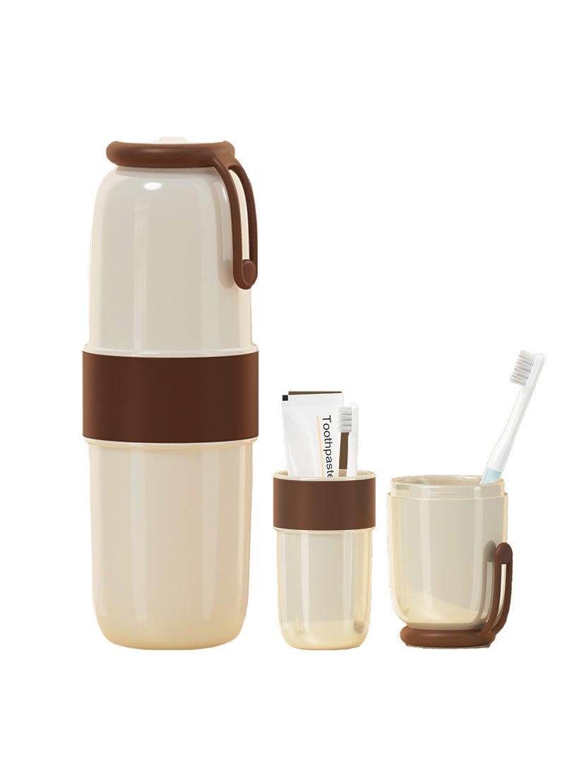 SYOSI Travel Toothbrush Holder Case Multi-Function Portable Toothbrush Cup Wash Cup with Cover and Silicone Handle Fashion Toothbrush Container for Trips Bathroom School Travel Outdoor Mocha Cream  - Image 1