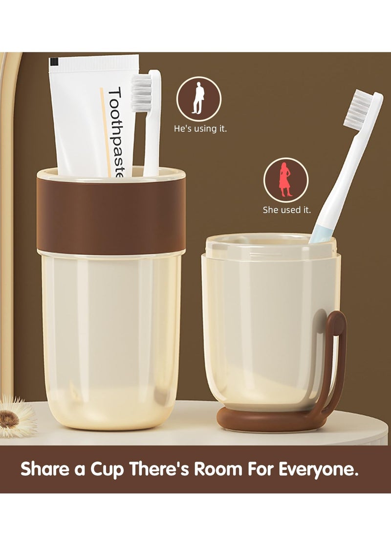 SYOSI Travel Toothbrush Holder Case Multi-Function Portable Toothbrush Cup Wash Cup with Cover and Silicone Handle Fashion Toothbrush Container for Trips Bathroom School Travel Outdoor Mocha Cream  - Image 3