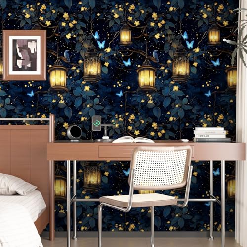 VOLEAAR Dark Floral Peel and Stick Wallpaper, Wonderland Forest with Lighting Butterfly Self Adhesive Wallpaper for Bedroom Cubicle Drawer, Vinyl Waterproof Fantasy Contact Paper Black 17.5In x 118In - Image 4