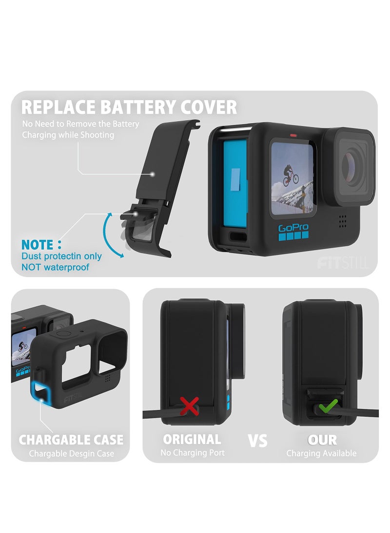 For GoPro Hero 12 / 11 / 10 / 9 Silicone Sleeve Case Cover,  Battery Side Cover, Screen Protectors, Lens Caps, Lanyard Accessories Kit - Image 2