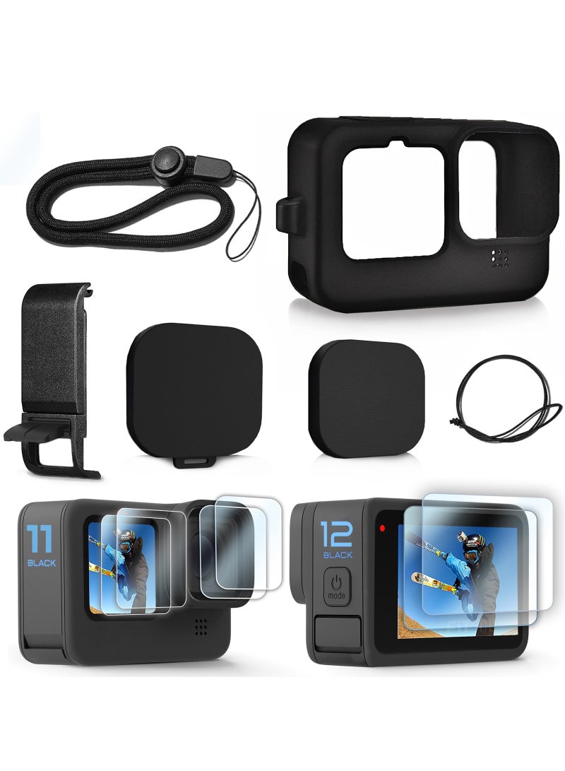 For GoPro Hero 12 / 11 / 10 / 9 Silicone Sleeve Case Cover,  Battery Side Cover, Screen Protectors, Lens Caps, Lanyard Accessories Kit - Image 1
