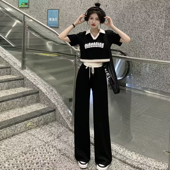 Womens Summer 2023 Slim Fit Crop Top  Pants Set Black  - Image 1
