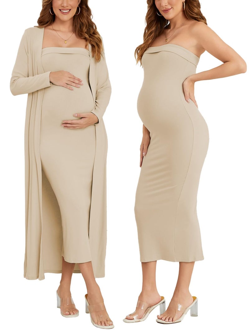 Ecavus Maternity Tube Dress Long Cardigan 2 Piece for Baby Shower and Wedding Guest Ribbed Maternity Photoshoot Dresses Oatmeal - Image 1