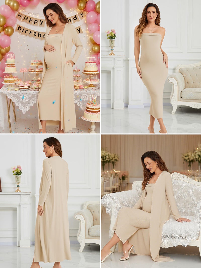 Ecavus Maternity Tube Dress Long Cardigan 2 Piece for Baby Shower and Wedding Guest Ribbed Maternity Photoshoot Dresses Oatmeal - Image 4