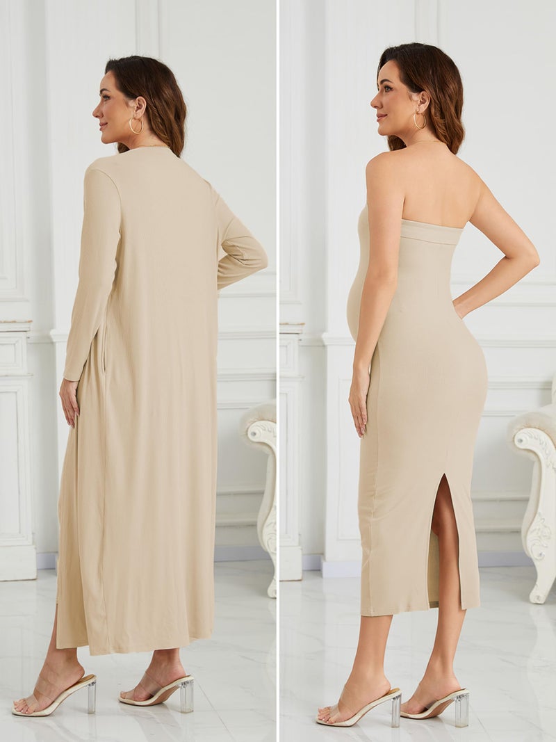 Ecavus Maternity Tube Dress Long Cardigan 2 Piece for Baby Shower and Wedding Guest Ribbed Maternity Photoshoot Dresses Oatmeal - Image 5