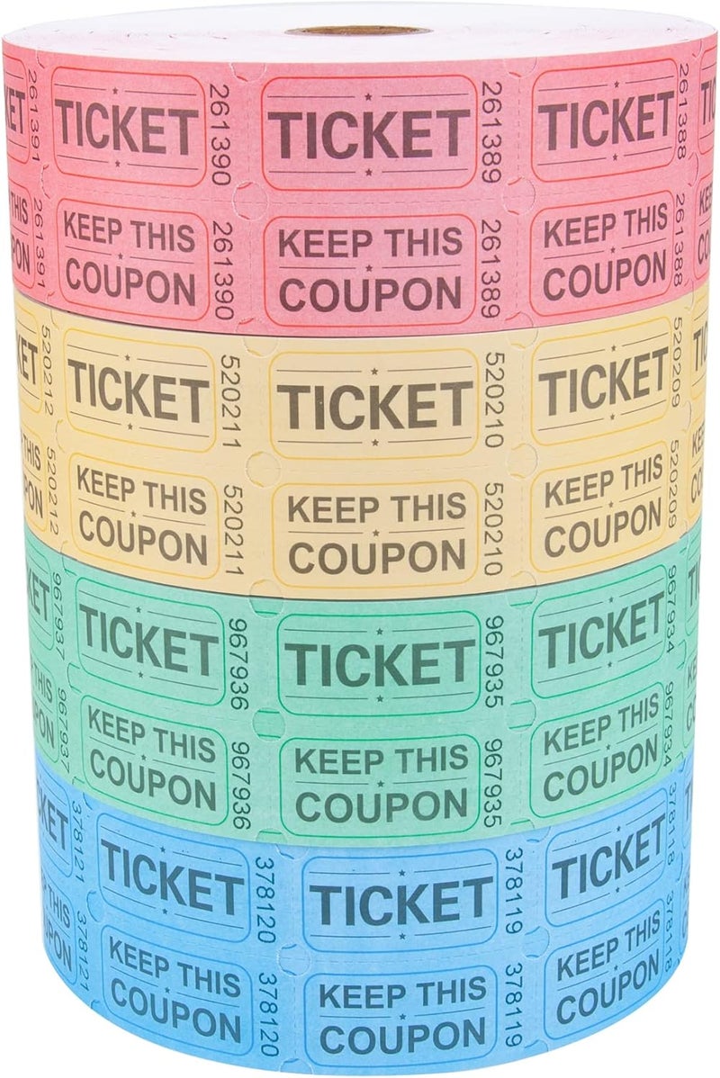 Y essential Store 8000 Assorted Raffle Ticket Rolls, Double Raffle Tickets Set of 4 Colors Printable for Raffle, Events, Classroom, Entry, Class Reward & Door Prize - Image 1