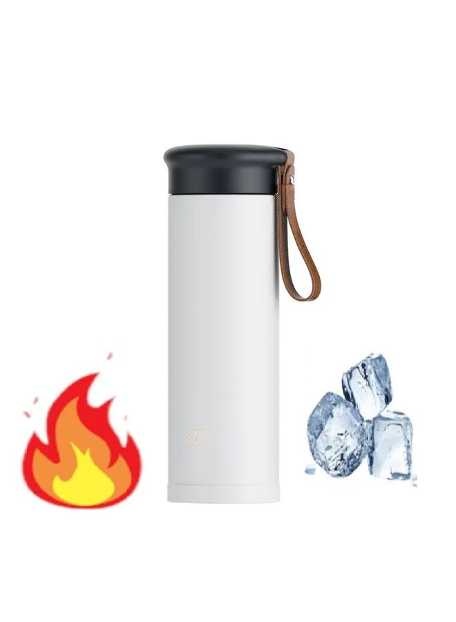 زجاجة مياه حرارية ترمس حراري كوب سفر ٤٥٠ مل معزول بتفريغ الهواء، مصنوع من الفولاذ المقاوم للصدأ 304، مانع للتسرب، يحافظ على المشروبات الساخنة والباردة لعدة ساعات، مع حزام حمل جلدي - مثالي للاستخدام في السيارة، المكتب، الرياضة والسفر. - Image 1