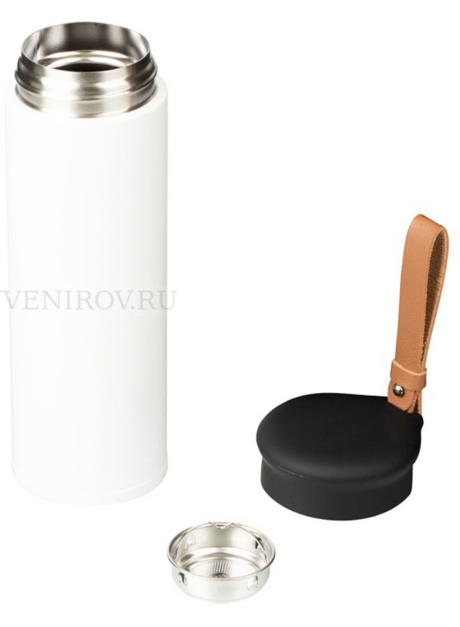 زجاجة مياه حرارية ترمس حراري كوب سفر ٤٥٠ مل معزول بتفريغ الهواء، مصنوع من الفولاذ المقاوم للصدأ 304، مانع للتسرب، يحافظ على المشروبات الساخنة والباردة لعدة ساعات، مع حزام حمل جلدي - مثالي للاستخدام في السيارة، المكتب، الرياضة والسفر. - Image 3