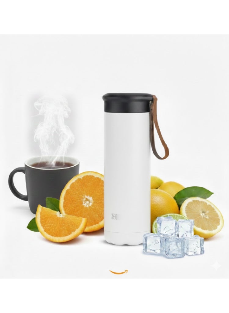 Thermal water bottle, thermal thermos, travel mug, 450ml vacuum insulated, made of 304 stainless steel, leakproof, keeps drinks hot and cold for several hours, with a leather carrying strap - ideal for use in the car, office, sports and travel.