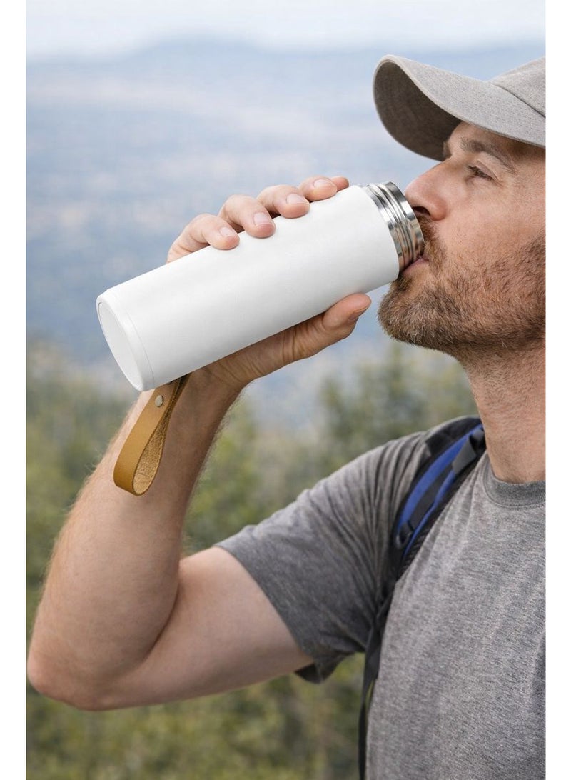 زجاجة مياه حرارية ترمس حراري كوب سفر ٤٥٠ مل معزول بتفريغ الهواء، مصنوع من الفولاذ المقاوم للصدأ 304، مانع للتسرب، يحافظ على المشروبات الساخنة والباردة لعدة ساعات، مع حزام حمل جلدي - مثالي للاستخدام في السيارة، المكتب، الرياضة والسفر. - Image 2