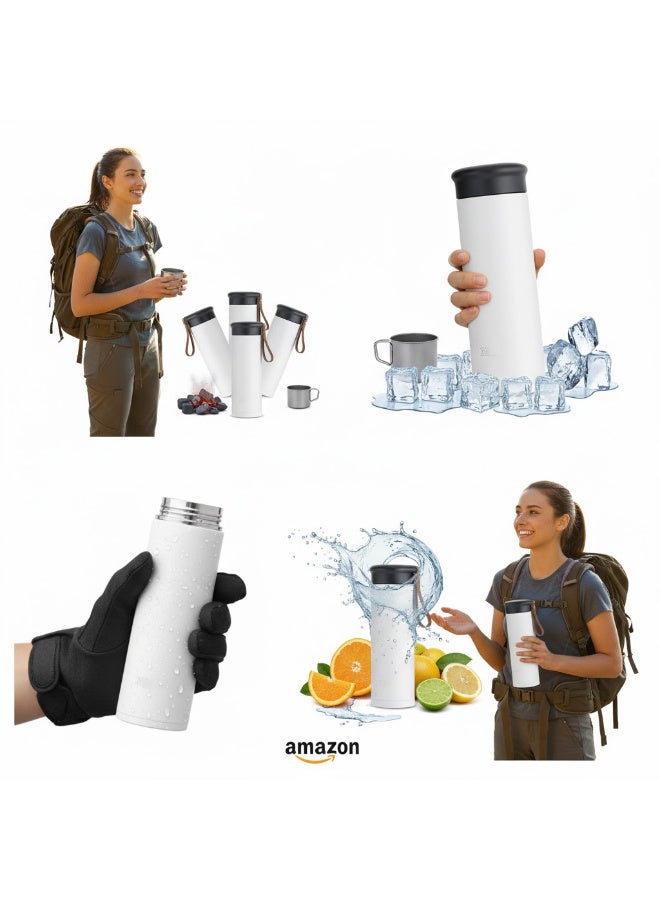 زجاجة مياه حرارية ترمس حراري كوب سفر ٤٥٠ مل معزول بتفريغ الهواء، مصنوع من الفولاذ المقاوم للصدأ 304، مانع للتسرب، يحافظ على المشروبات الساخنة والباردة لعدة ساعات، مع حزام حمل جلدي - مثالي للاستخدام في السيارة، المكتب، الرياضة والسفر. - Image 3