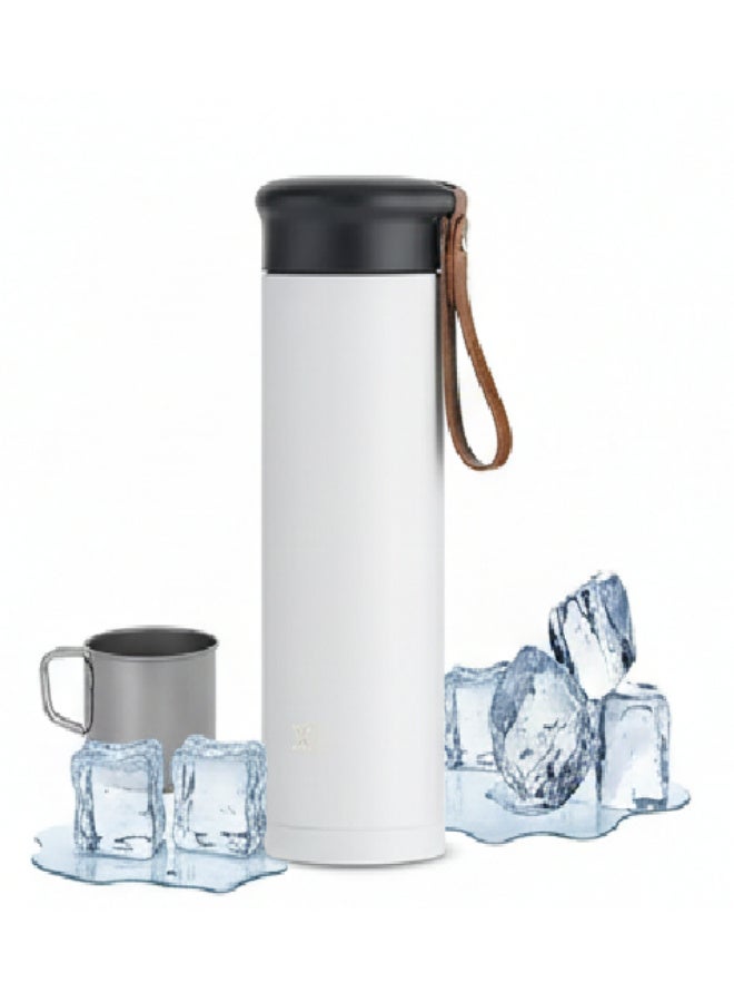 زجاجة مياه حرارية ترمس حراري كوب سفر ٤٥٠ مل معزول بتفريغ الهواء، مصنوع من الفولاذ المقاوم للصدأ 304، مانع للتسرب، يحافظ على المشروبات الساخنة والباردة لعدة ساعات، مع حزام حمل جلدي - مثالي للاستخدام في السيارة، المكتب، الرياضة والسفر. - Image 4