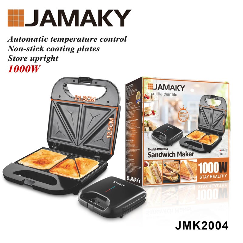 Jamaki Sandwich Maker 1000W Makes The Perfect Breakfast in Minutes – Compact Design & Easy to Clean – Fast Cooking Non-Stick Coated Plates jmk-2004 - Image 2