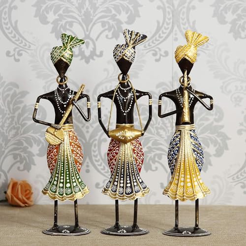 OVIK Rajasthani Tribal Metal Handicraft Muisician Showpiece Statue Table Decorative Items for Home,Antique Gift Items, Showpiece, Home Decoration Items (Set of 3) - Image 1