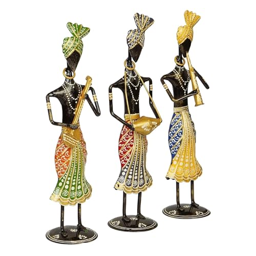 OVIK Rajasthani Tribal Metal Handicraft Muisician Showpiece Statue Table Decorative Items for Home,Antique Gift Items, Showpiece, Home Decoration Items (Set of 3) - Image 3