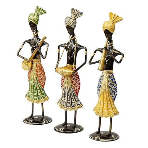 OVIK Rajasthani Tribal Metal Handicraft Muisician Showpiece Statue Table Decorative Items for Home,Antique Gift Items, Showpiece, Home Decoration Items (Set of 3) - Image 4