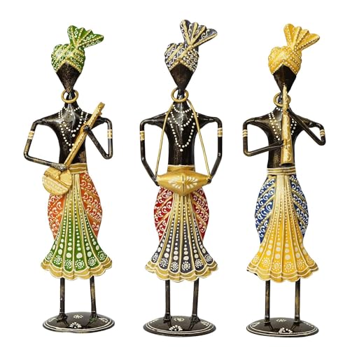 OVIK Rajasthani Tribal Metal Handicraft Muisician Showpiece Statue Table Decorative Items for Home,Antique Gift Items, Showpiece, Home Decoration Items (Set of 3) - Image 2