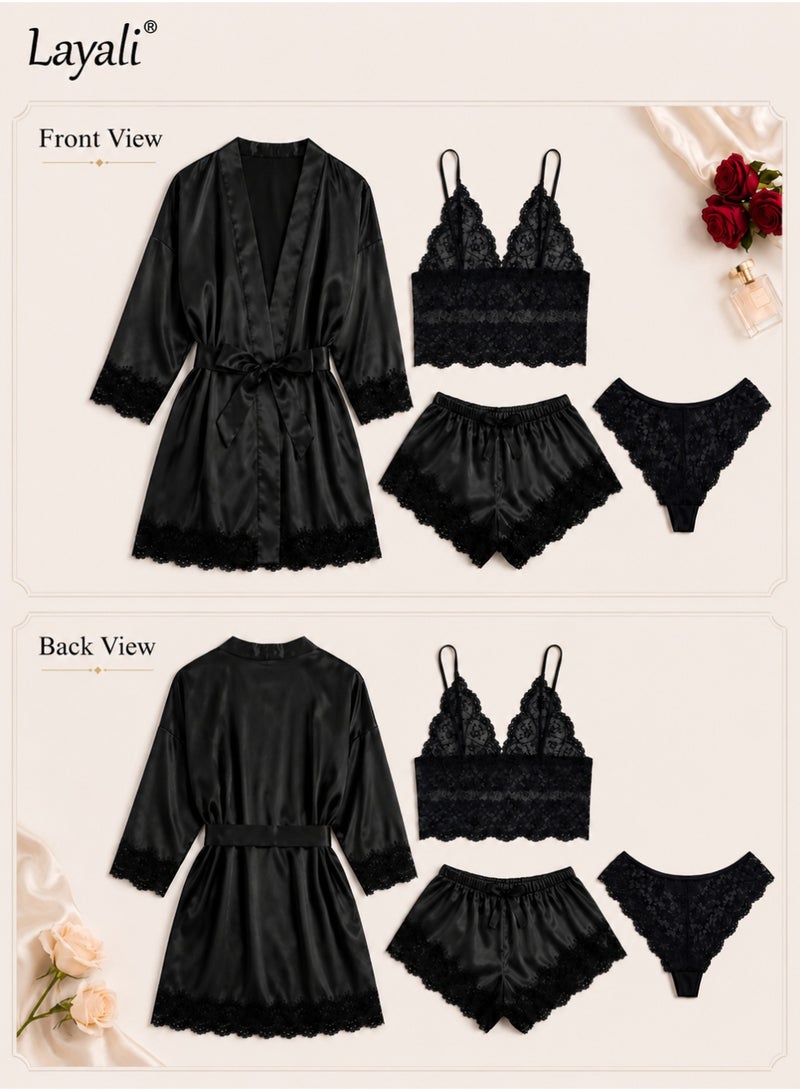 Layali 4 Pack Women's Nightwear Set Lace Trimmed Lightweight Silk Satin Sleepwear Pajama Ladies Summer Breathable Home Wearing Clothes Suits (Underwear + Panties + Robe + Shorts) Black - Image 2