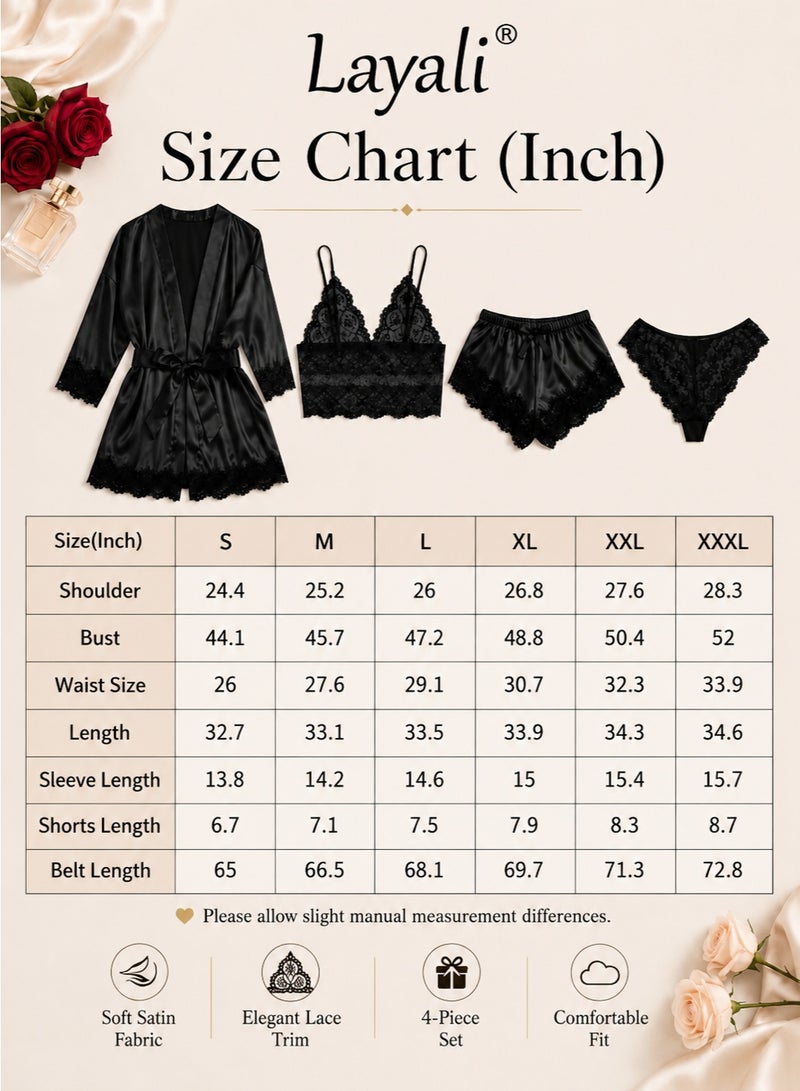 Layali 4 Pack Women's Nightwear Set Lace Trimmed Lightweight Silk Satin Sleepwear Pajama Ladies Summer Breathable Home Wearing Clothes Suits (Underwear + Panties + Robe + Shorts) Black - Image 5