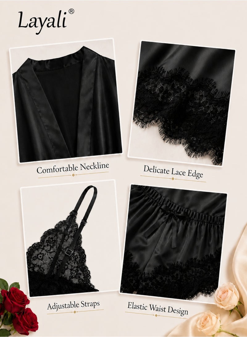 Layali 4 Pack Women's Nightwear Set Lace Trimmed Lightweight Silk Satin Sleepwear Pajama Ladies Summer Breathable Home Wearing Clothes Suits (Underwear + Panties + Robe + Shorts) Black - Image 4