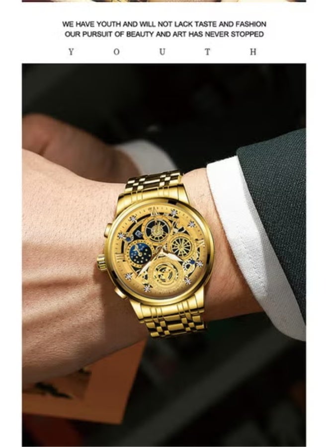 FNGEEN Men's Quartz Watch, Skeleton Design, Waterproof, Multi-Function Wristwatch with 42mm Dial and Metal Case - Image 4