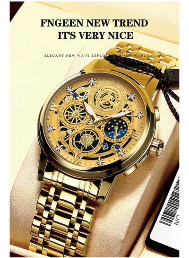 FNGEEN Men's Quartz Watch, Skeleton Design, Waterproof, Multi-Function Wristwatch with 42mm Dial and Metal Case - Image 5