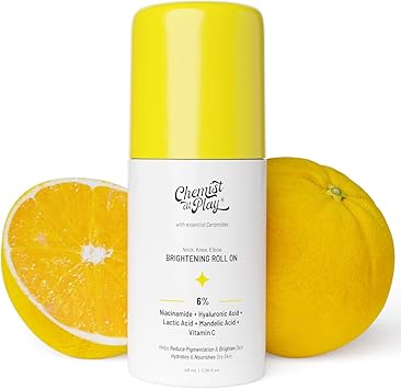 Chemist at Play Brightening Whitening Roll On Serum For Neck Knee Elbow With 6 Vitamin C Hyaluronic Acid AHAs Niacinamide Ceramides - Image 1