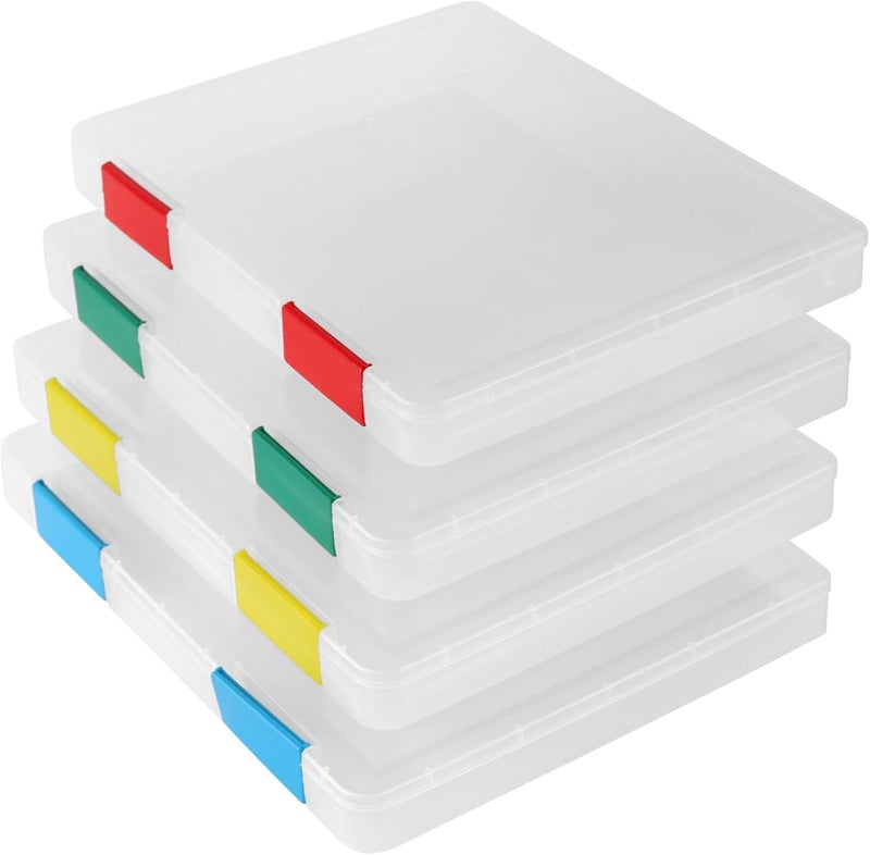 PINGEUI 4 Pcs Clear A4 File Box, Portable Project Case with Buckles, Plastic File Storage Box Scrapbook Paper Storage Boxes for Office Paperwork, Board Games, Scrapbook Protection - Image 1