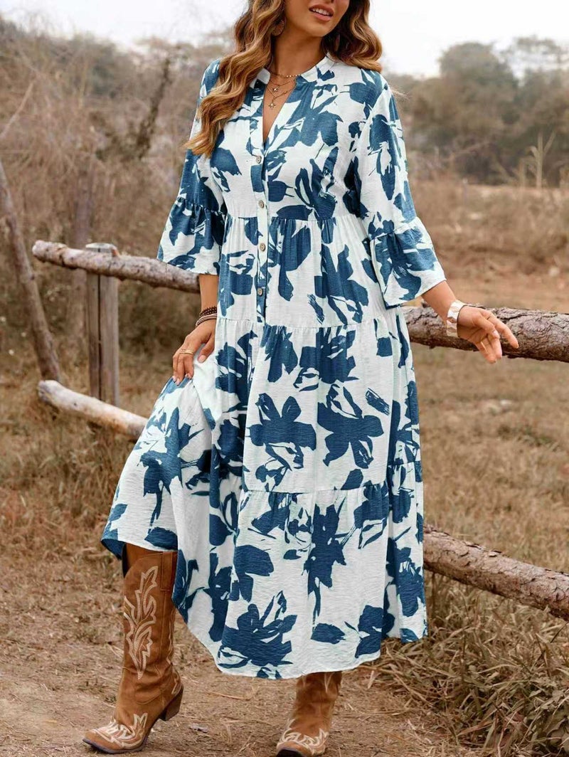 Women's Long Dress Ethnic Print Flowing Maxi Dress Casual Loungewear - Image 1