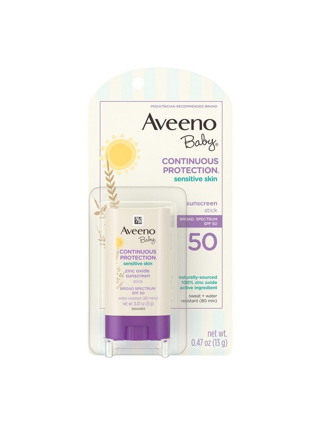 Aveeno Baby Continuous Protection Mineral Sunscreen Stick For Sensitive Skin With Broad Spectrum Spf 50 Protection For Face & Body, Naturally Sourced 100% Zinc Oxide, Travel Size, 0.47 Oz  - Image 1