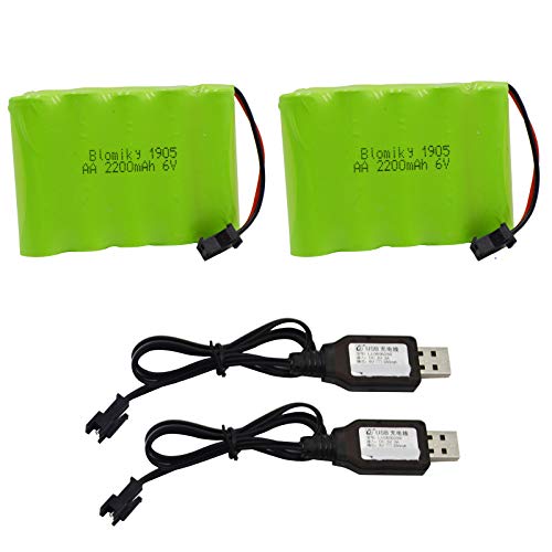 Blomiky 2 Pack 6.0V 2200mAh NiMH Rechargeable Battery with SM-2P Black 2 pin Plug and USB Cable fit for RC Car Vehicles Trucks 6V NiMh 2 - Image 1