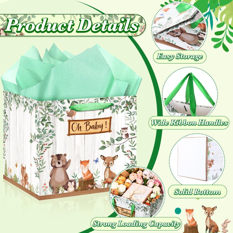 Woosytoo Extra Large Baby Gift Bag, Woodland Animal Square Gift Bag Sage Green Baby Shower Jumbo Gifts Bag with Handles and Tissue Papers Oh Baby Wrapping Paper Bag for New Parents Gender Reveal Party Favors - Image 3