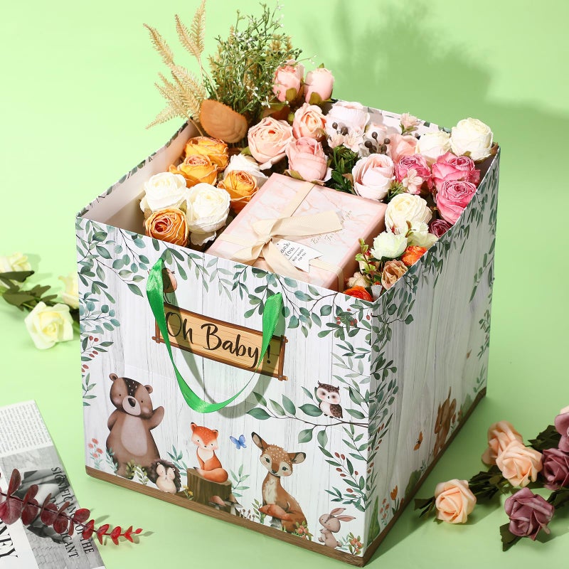 Woosytoo Extra Large Baby Gift Bag, Woodland Animal Square Gift Bag Sage Green Baby Shower Jumbo Gifts Bag with Handles and Tissue Papers Oh Baby Wrapping Paper Bag for New Parents Gender Reveal Party Favors - Image 2