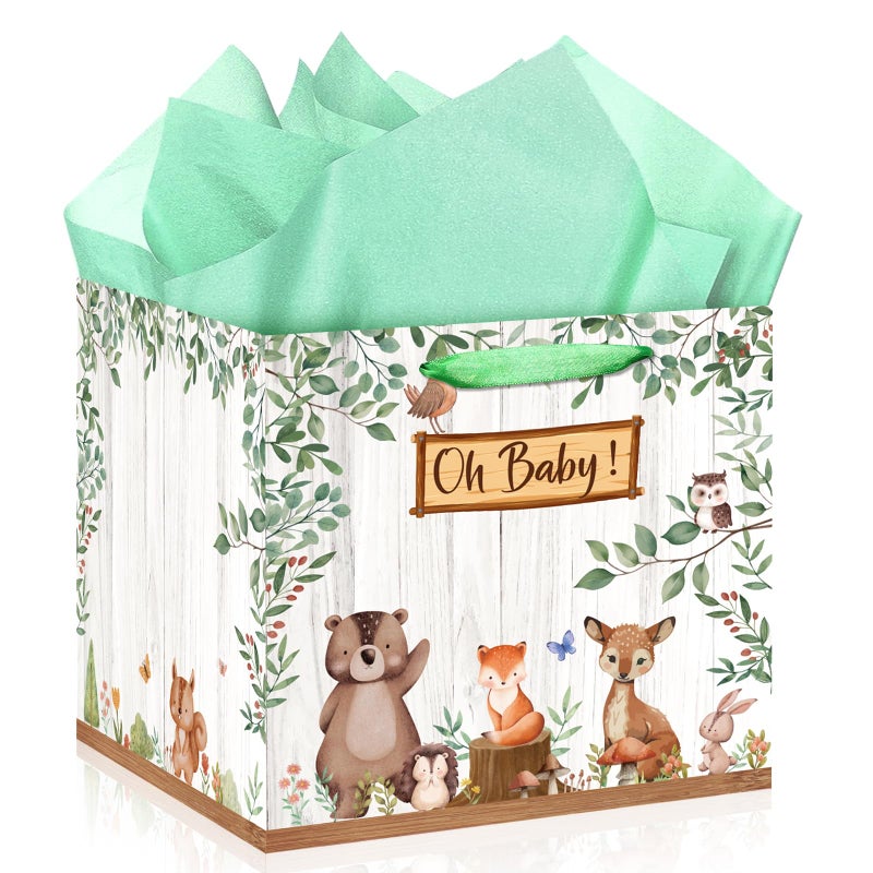 Woosytoo Extra Large Baby Gift Bag, Woodland Animal Square Gift Bag Sage Green Baby Shower Jumbo Gifts Bag with Handles and Tissue Papers Oh Baby Wrapping Paper Bag for New Parents Gender Reveal Party Favors - Image 1