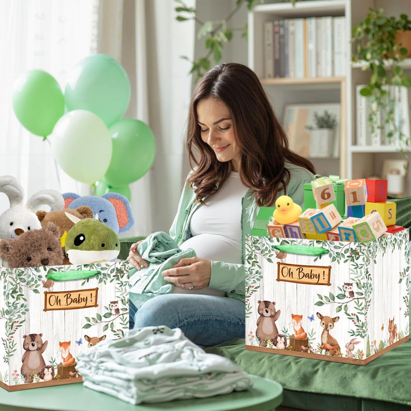 Woosytoo Extra Large Baby Gift Bag, Woodland Animal Square Gift Bag Sage Green Baby Shower Jumbo Gifts Bag with Handles and Tissue Papers Oh Baby Wrapping Paper Bag for New Parents Gender Reveal Party Favors - Image 5