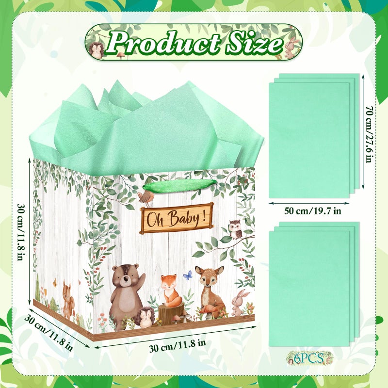 Woosytoo Extra Large Baby Gift Bag, Woodland Animal Square Gift Bag Sage Green Baby Shower Jumbo Gifts Bag with Handles and Tissue Papers Oh Baby Wrapping Paper Bag for New Parents Gender Reveal Party Favors - Image 4