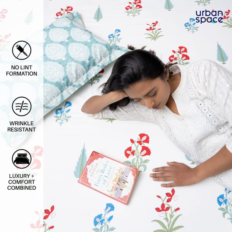 Urban Space ملاءة سرير قطن 100% 200 TC من أوربان سبيس للسرير الملكي، ملاءة سرير ملكي قطن مع 2 غطاء وسادة (الحجم 108 × 108 بوصة، أحمر حديقة عالي) - Image 4