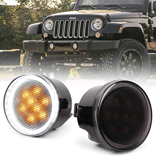 MOVOTOR JK Turn Signal Lights White Halo Amber LED Smoke Lens Front Grille Parking Lights for 2007-2018 Jeep Wrangler JK & JK Unlimited - Image 1