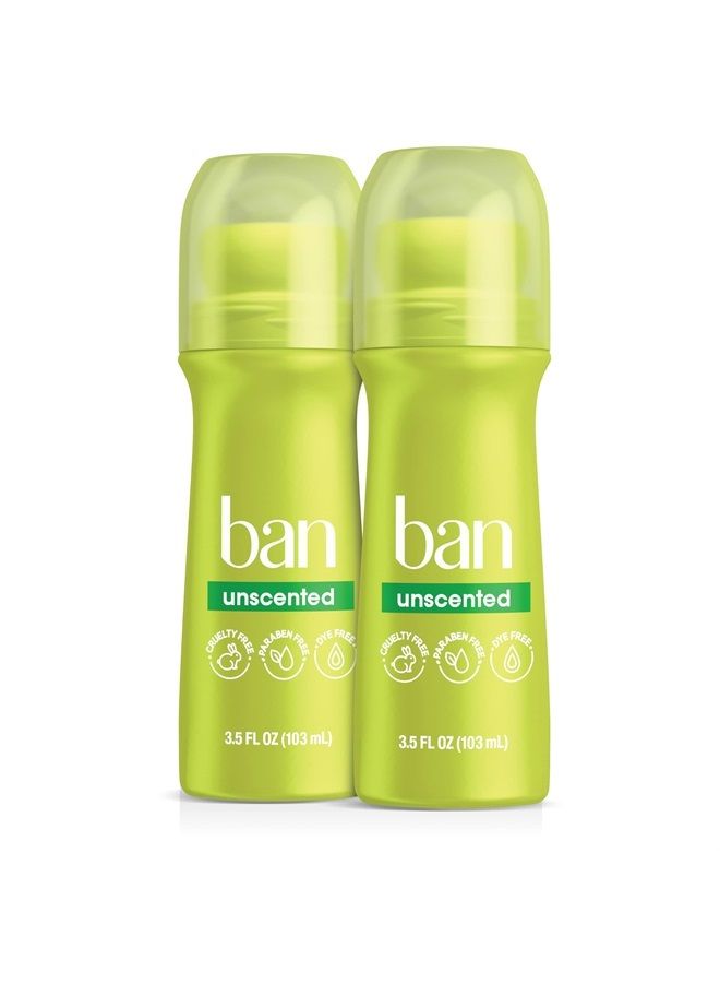 Ban مضاد تعرق غير معطر يدوم 24 ساعة، مزيل عرق رول أون للنساء والرجال، حماية من رطوبة الإبط، مع مكونات مكافحة الروائح، 3.5 أونصة سائلة (عبوة من 2) - Image 1